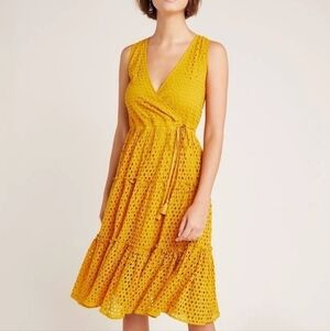 Frye x Anthropologie Nuri Eyelet Dress Sleeveless Faux Wrap Mustard XS Tiered